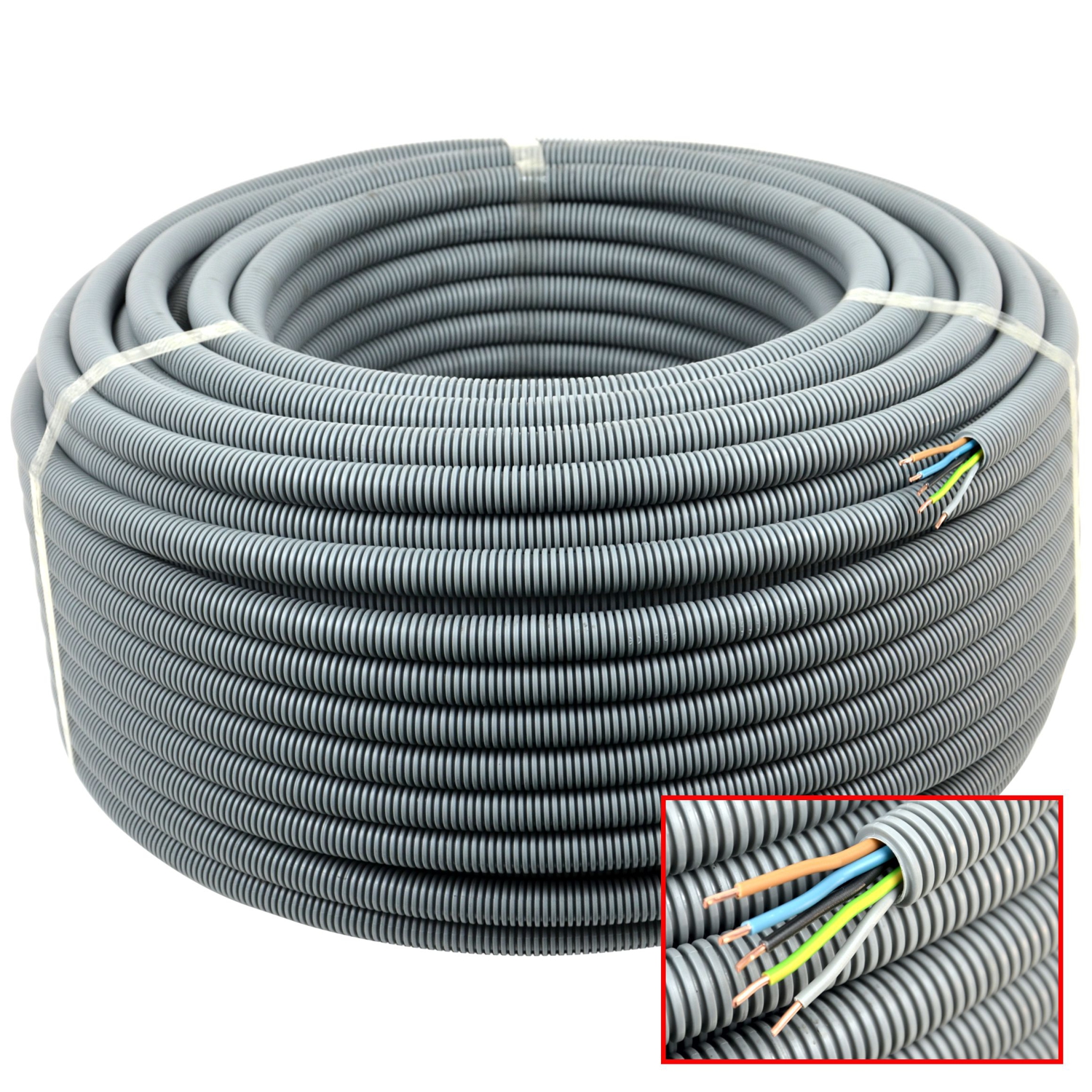 E-Rohr flex-M PP 20mm 100m mit YE 5x2,5mm² (schwarz, blau, gelb/grün, grau, braun)