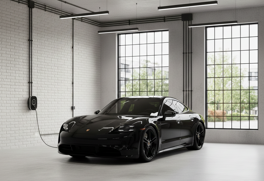 Moderne Garagen-Elektroinstallation im Industrial Style mit schwarzen e2RL Starr-Rohren an Sichtbeton und Wallbox für Porsche Taycan