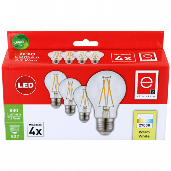 LED Leuchtmittel A60 E27 filament 7,3W/830lm 2700K 4er Pack