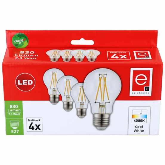 LED Leuchtmittel A60 E27 filament 7,3W/830lm 4K 4er Pack