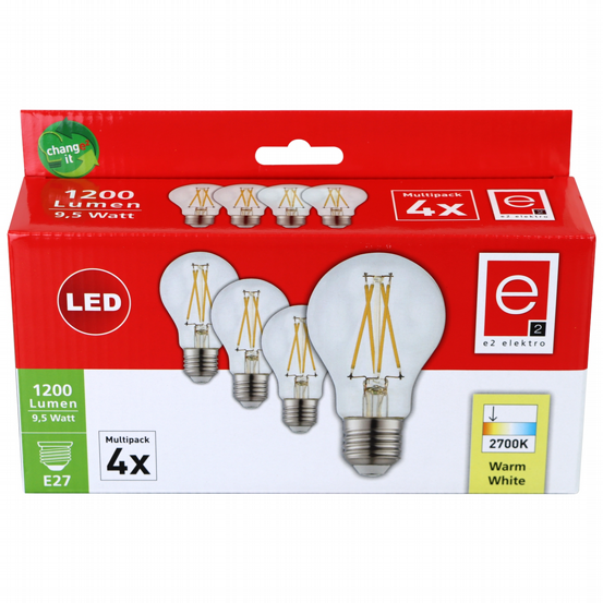 LED Leuchtmittel A60 E27 filament 9,5W/1200lm 2700K 4er Pack
