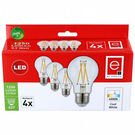 LED Leuchtmittel A60 E27 filament 9,5W/1250lm 4K 4er Pack