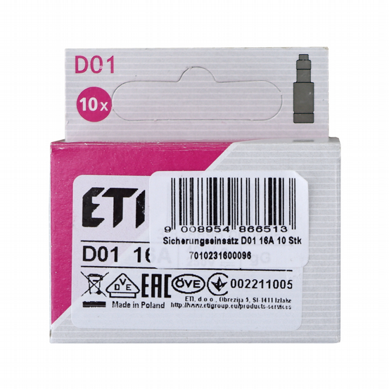 Sicherungseinsatz D01 16A 10Stk