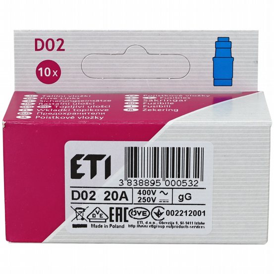 Sicherungseinsatz D02 20A 10Stk